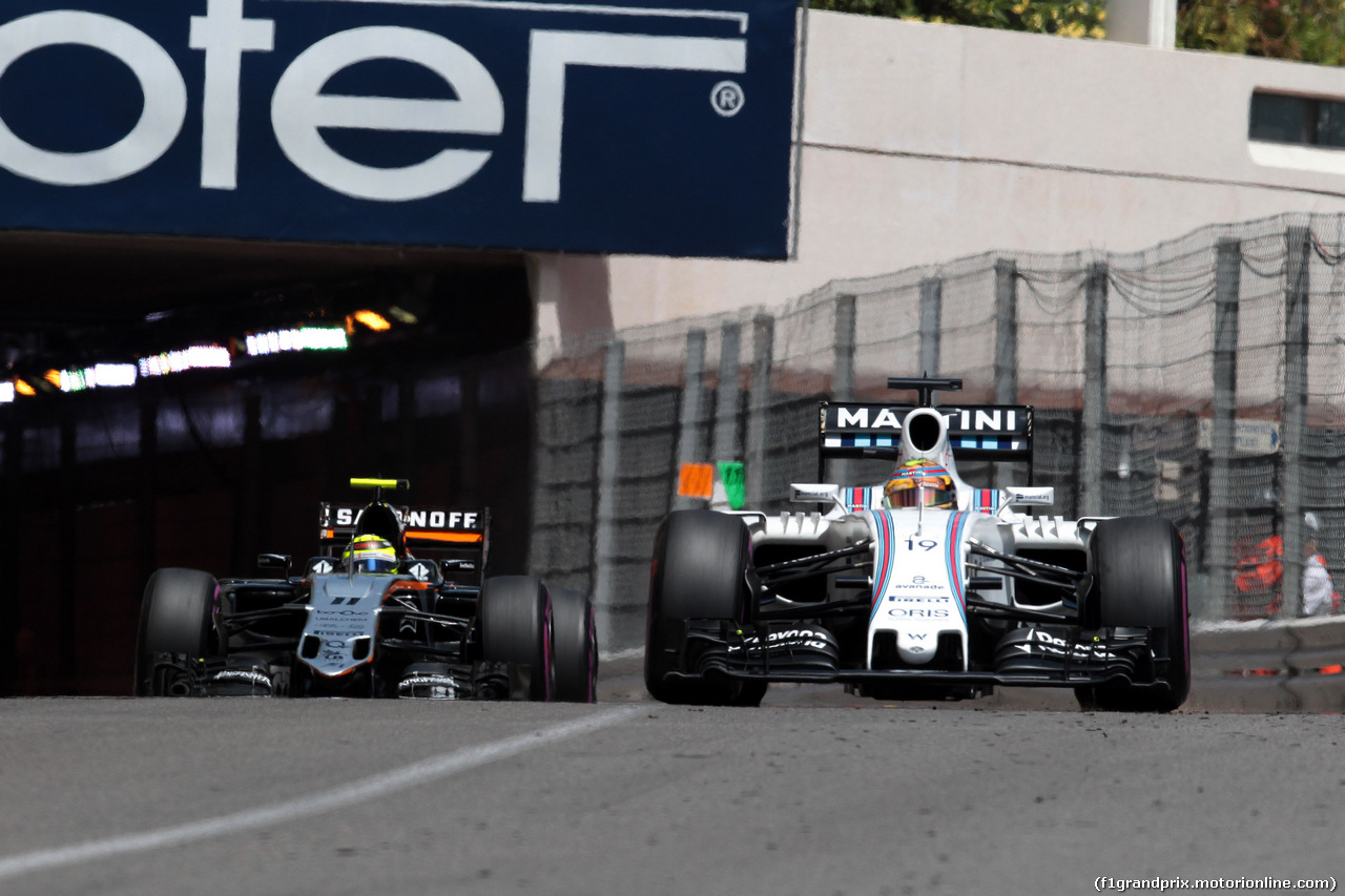 GP MONACO, 28.05.2016 - Qualifiche, Sergio Perez (MEX) Sahara Force India F1 VJM09 e Felipe Massa (BRA) Williams FW38