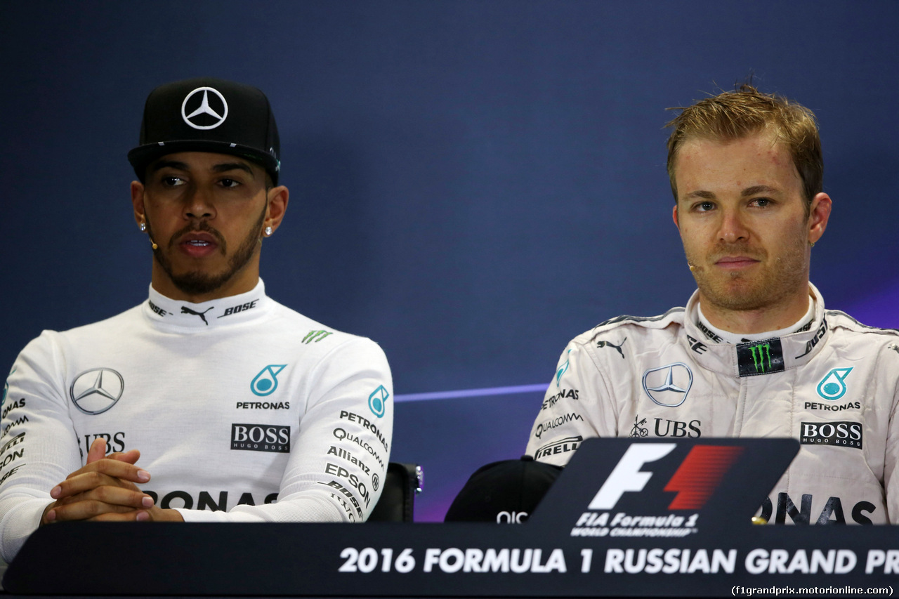 GP RUSSIA, 01.05.2016 - Gara, Conferenza Stampa, Lewis Hamilton (GBR) Mercedes AMG F1 W07 Hybrid, Nico Rosberg (GER) Mercedes AMG F1 W07 Hybrid
