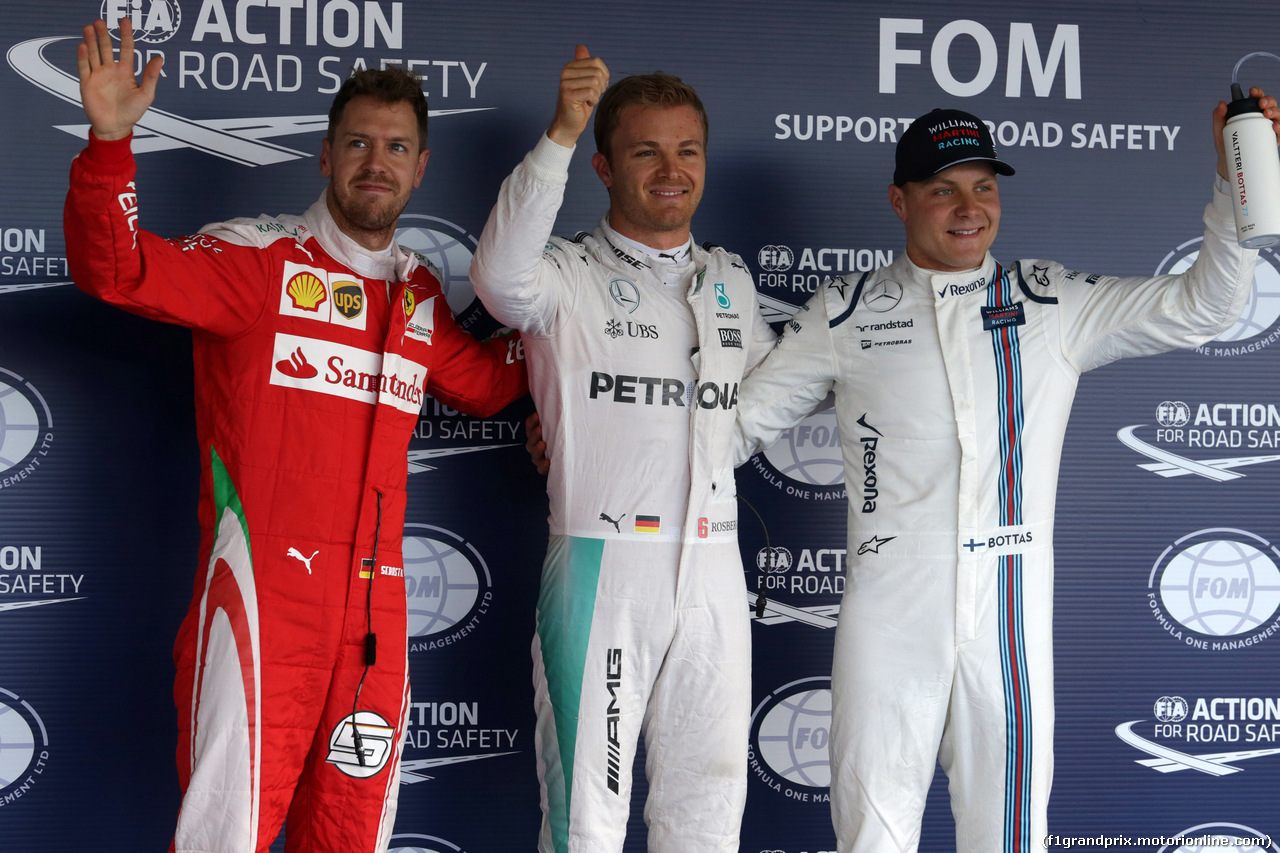 GP RUSSIA, 30.04.2016 - Qualifiche, secondo Sebastian Vettel (GER) Ferrari SF16-H, Nico Rosberg (GER) Mercedes AMG F1 W07 Hybrid pole position e terzo Valtteri Bottas (FIN) Williams FW38