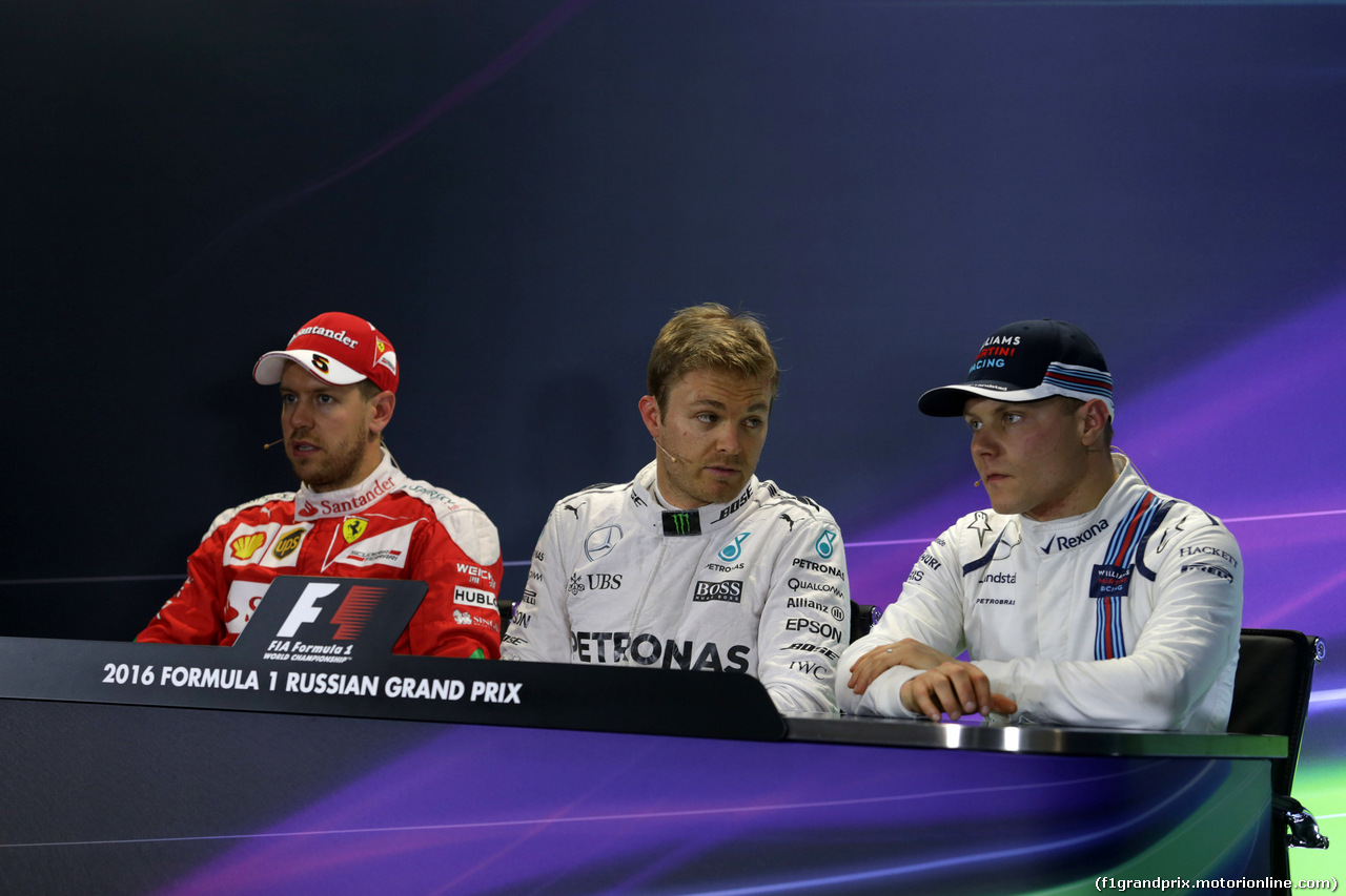 GP RUSSIA, 30.04.2016 - Qualifiche, Conferenza Stampa, Sebastian Vettel (GER) Ferrari SF16-H, Nico Rosberg (GER) Mercedes AMG F1 W07 Hybrid e Valtteri Bottas (FIN) Williams FW38