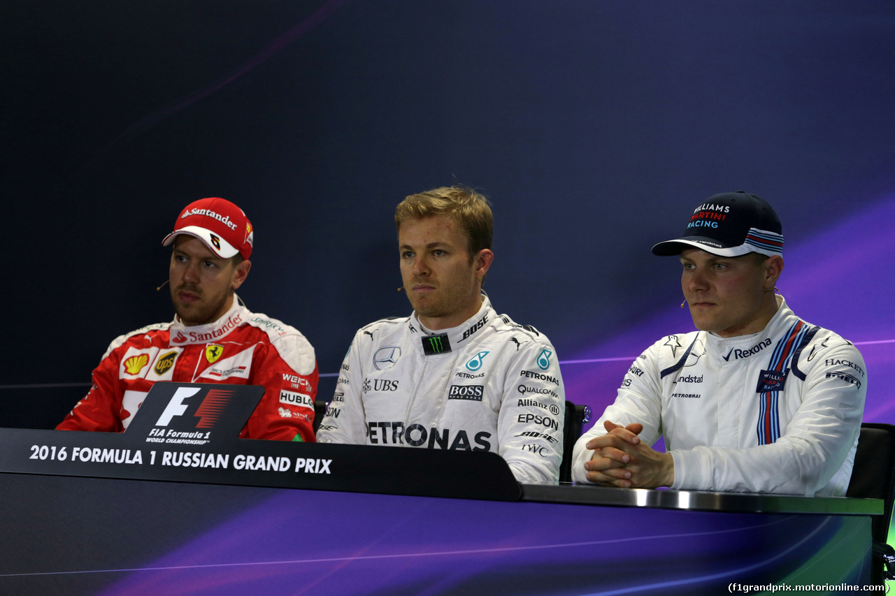 GP RUSSIA, 30.04.2016 - Qualifiche, Conferenza Stampa, Sebastian Vettel (GER) Ferrari SF16-H , Nico Rosberg (GER) Mercedes AMG F1 W07 Hybrid e Valtteri Bottas (FIN) Williams FW38
