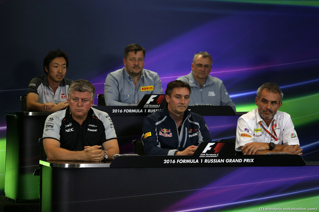 GP RUSSIA, 29.04.2016 - Conferenza Stampa, (From back row) (L-R) Ayao Komatsu (JPN) Haas F1 Team , Paul Hembery, Pirelli Motorspor Director, John McQuilliam (GBR) Manor Racing Technical Director, Otmar Szafnauer (USA) Sahara Force India F1 Chief Operating Officer, James Key (GBR) Technical Director Scuderia Toro Rosso e Beat Zehnder (SUI) Sauber F1 Team Manager