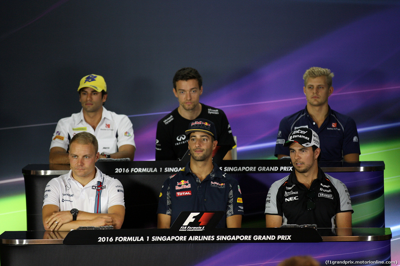 GP SINGAPORE, 15.09.2016 - Conferenza Stampa, Felipe Nasr (BRA) Sauber C34, Jolyon Palmer (GBR) Renault Sport F1 Team RS16, Marcus Ericsson (SUE) Sauber C34, Valtteri Bottas (FIN) Williams FW38, Daniel Ricciardo (AUS) Red Bull Racing RB12 e Sergio Perez (MEX) Sahara Force India F1 VJM09