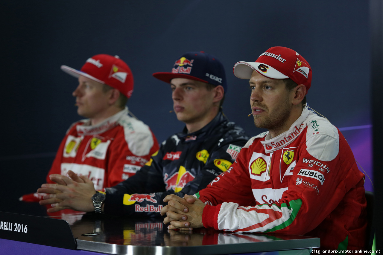 GP SPAGNA, 15.05.2016- Gara 2, Conferenza Stampa, Kimi Raikkonen (FIN) Ferrari SF16-H, Max Verstappen (NED) Red Bull Racing RB12 e Sebastian Vettel (GER) Ferrari SF16-H