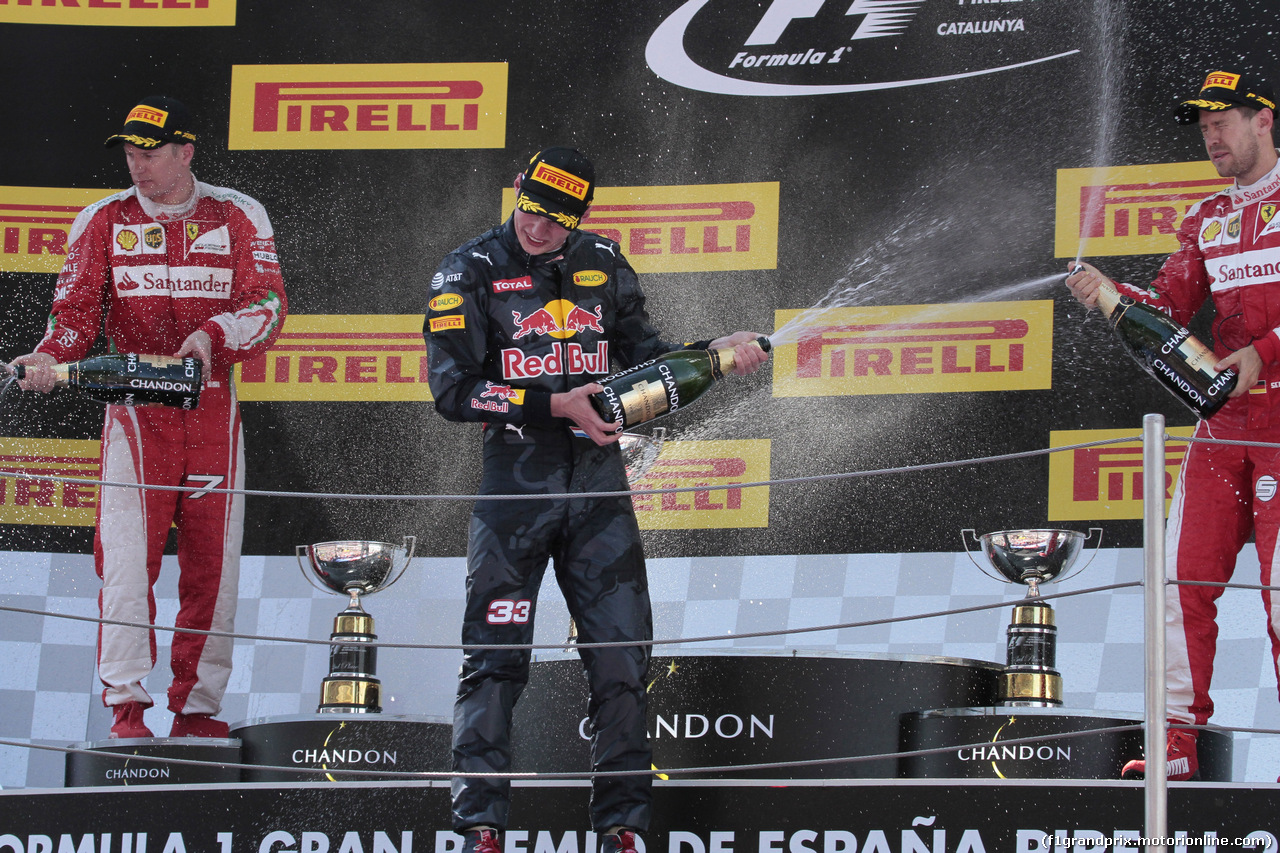 GP SPAGNA, 15.05.2016- Gara 2, 1st position Max Verstappen (NED) Red Bull Racing RB12, secondo Kimi Raikkonen (FIN) Ferrari SF16-H e terzo Sebastian Vettel (GER) Ferrari SF16-H