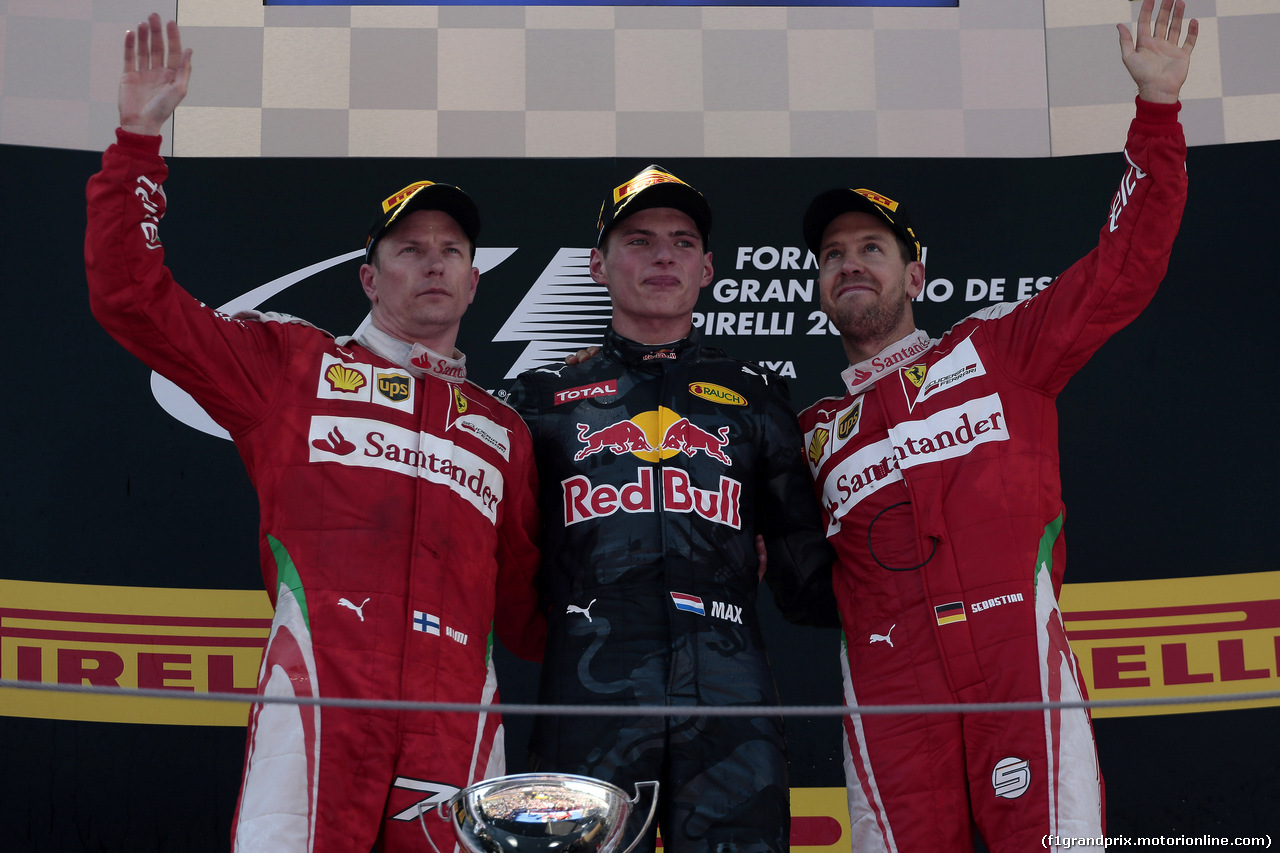 GP SPAGNA, 15.05.2016- Gara 2, 1st position Max Verstappen (NED) Red Bull Racing RB12, secondo Kimi Raikkonen (FIN) Ferrari SF16-H e terzo Sebastian Vettel (GER) Ferrari SF16-H