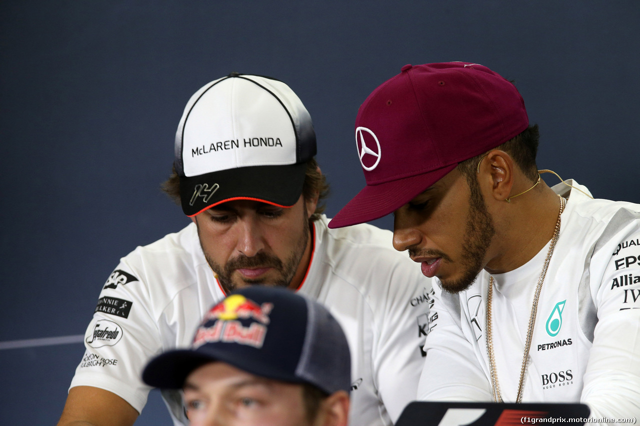 GP SPAGNA, 12.05.2016 -  Conferenza Stampa, Fernando Alonso (ESP) McLaren Honda MP4-31 e Lewis Hamilton (GBR) Mercedes AMG F1 W07 Hybrid