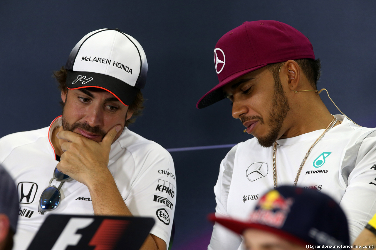 GP SPAGNA, 12.05.2016 -  Conferenza Stampa, Fernando Alonso (ESP) McLaren Honda MP4-31 e Lewis Hamilton (GBR) Mercedes AMG F1 W07 Hybrid