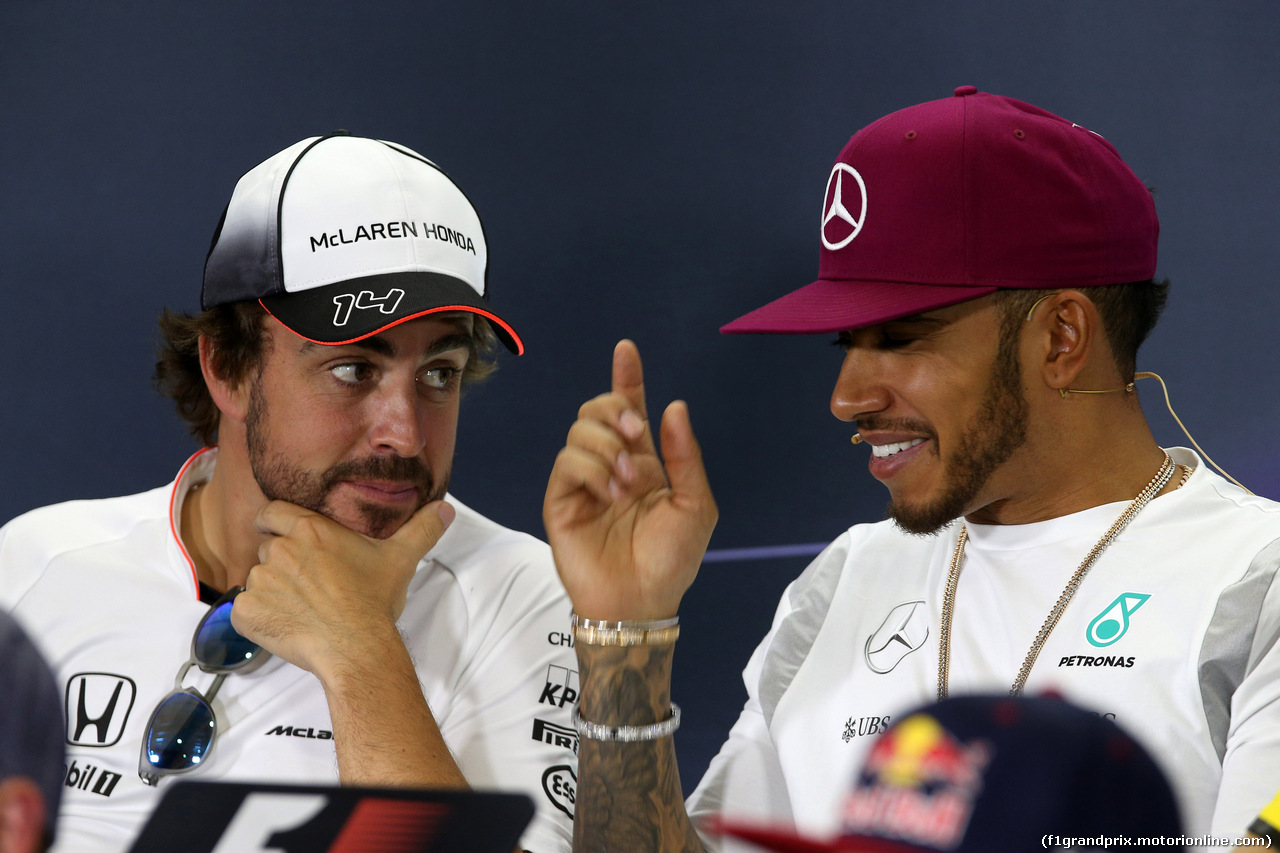 GP SPAGNA, 12.05.2016 -  Conferenza Stampa, Fernando Alonso (ESP) McLaren Honda MP4-31 e Lewis Hamilton (GBR) Mercedes AMG F1 W07 Hybrid