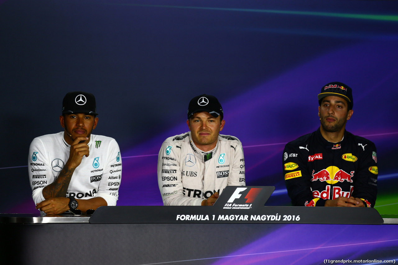 GP UNGHERIA, 23.07.2016 - Conferenza Stampa, Lewis Hamilton (GBR) Mercedes AMG F1 W07 Hybrid, Nico Rosberg (GER) Mercedes AMG F1 W07 Hybrid e Daniel Ricciardo (AUS) Red Bull Racing RB12