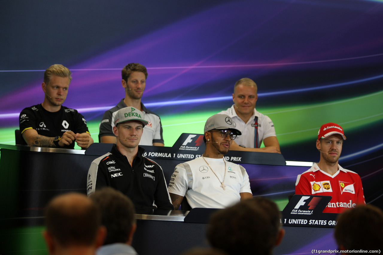 GP USA, 20.10.2016 - (Row Back), Kevin Magnussen (DEN) Renault Sport F1 Team RS16, Romain Grosjean (FRA) Haas F1 Team VF-16, Valtteri Bottas (FIN) Williams FW38, Nico Hulkenberg (GER) Sahara Force India F1 VJM09, Lewis Hamilton (GBR) Mercedes AMG F1 W07 Hybrid e Sebastian Vettel (GER) Ferrari SF16-H