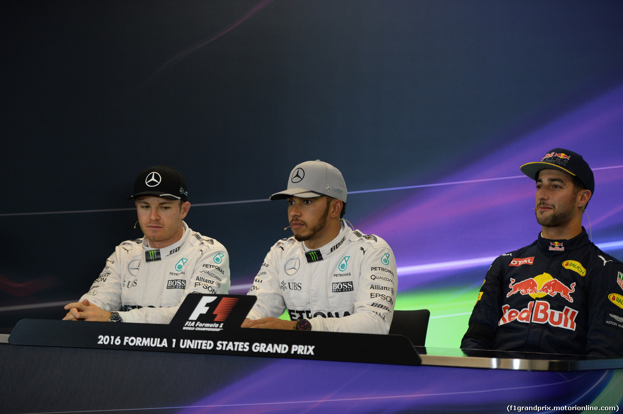 GP USA, 22.10.2016 - Qualifiche, Conferenza Stampa, Nico Rosberg (GER) Mercedes AMG F1 W07 Hybrid, Lewis Hamilton (GBR) Mercedes AMG F1 W07 Hybrid e Daniel Ricciardo (AUS) Red Bull Racing RB12