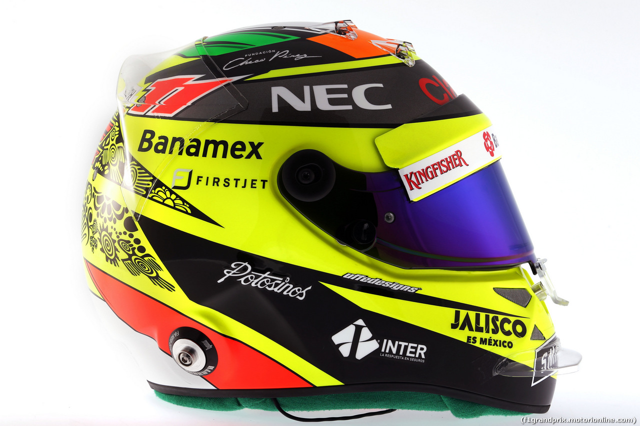 TEST F1 BARCELLONA 3 MARZO, The helmet of Sergio Perez (MEX) Sahara Force India F1.
03.03.2016.