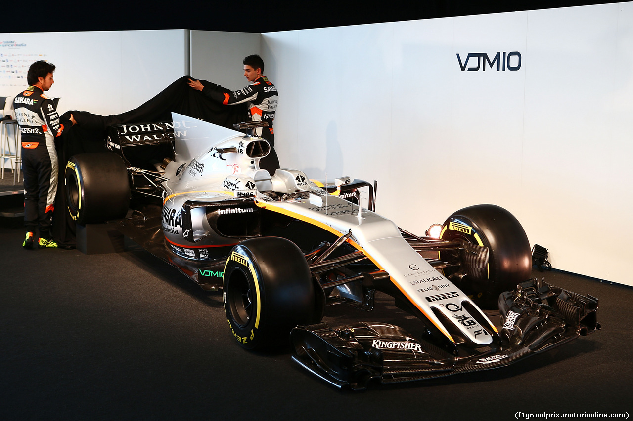 FORCE INDIA VJM10, (L to R): Sergio Perez (MEX) Sahara Force India F1 e team mate Esteban Ocon (FRA) Sahara Force India F1 Team unveil the Sahara Force India F1 VJM10.
22.02.2017. Sahara Force India F1 VJM10 Launch, Silverstone, England.
- www.xpbimages.com, EMail: requests@xpbimages.com - copy of publication required for printed pictures. Every used picture is fee-liable. © Copyright: Batchelor / XPB Images