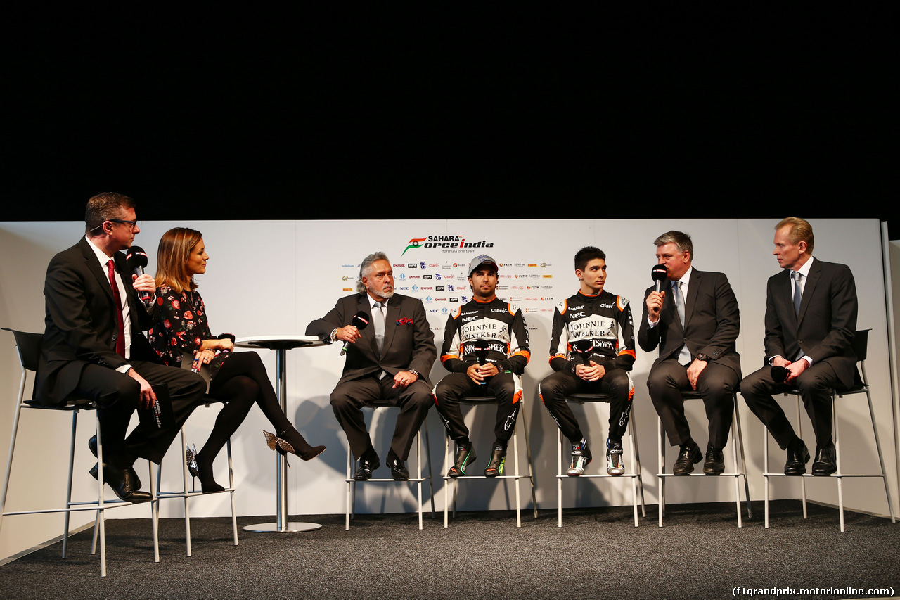 FORCE INDIA VJM10, (L to R): David Croft (GBR) Sky Sports Commentator; Natalie Pinkham (GBR) Sky Sports Presenter; Dr. Vijay Mallya (IND) Sahara Force India F1 Team Owner; Sergio Perez (MEX) Sahara Force India F1; Esteban Ocon (FRA) Sahara Force India F1 Team; Otmar Szafnauer (USA) Sahara Force India F1 Chief Operating Officer; Andrew Green (GBR) Sahara Force India F1 Team Technical Director.
22.02.2017.