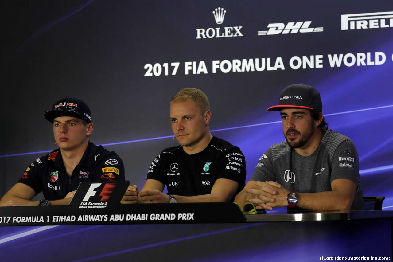 GP ABU DHABI, 23.11.2017 - Conferenza Stampa, Max Verstappen (NED) Red Bull Racing RB13, Valtteri Bottas (FIN) Mercedes AMG F1 W08 e Fernando Alonso (ESP) McLaren MCL32