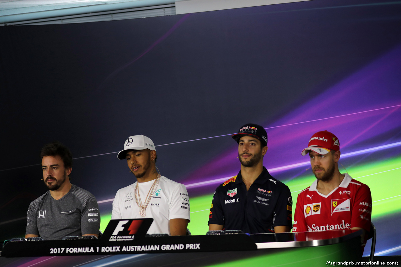 GP AUSTRALIA, 23.03.2017 - Conferenza Stampa, (L-R) Fernando Alonso (ESP) McLaren MCL32, Lewis Hamilton (GBR) Mercedes AMG F1 W08, Daniel Ricciardo (AUS) Red Bull Racing RB13 e Sebastian Vettel (GER) Ferrari SF70H