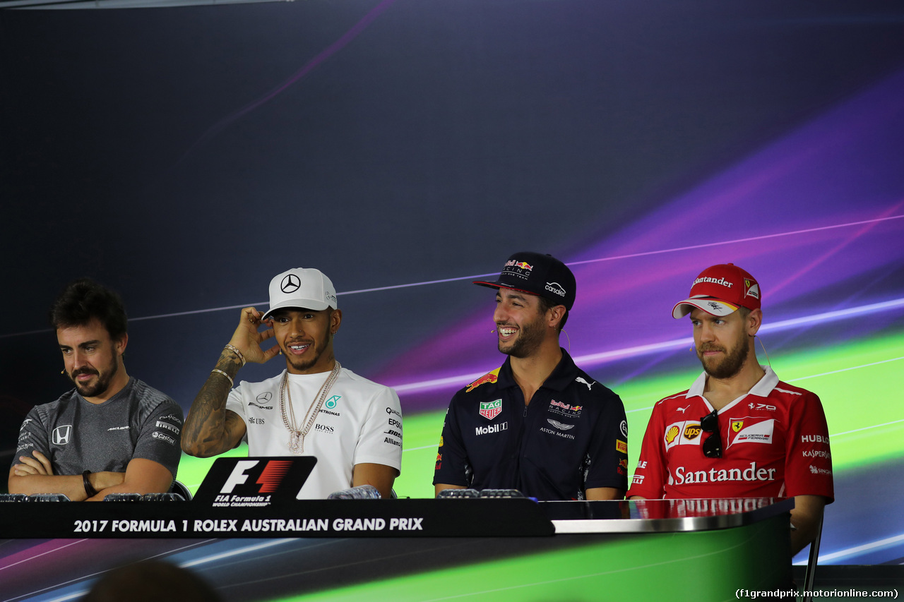 GP AUSTRALIA, 23.03.2017 - Conferenza Stampa, (L-R) Fernando Alonso (ESP) McLaren MCL32, Lewis Hamilton (GBR) Mercedes AMG F1 W08, Daniel Ricciardo (AUS) Red Bull Racing RB13 e Sebastian Vettel (GER) Ferrari SF70H