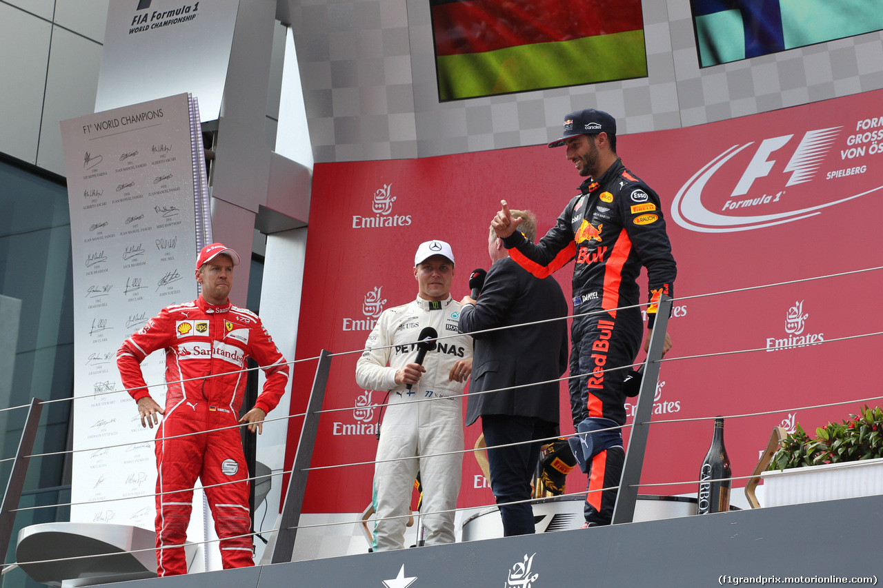 GP AUSTRIA, 09.07.2017- podium, winner Valtteri Bottas (FIN) Mercedes AMG F1 W08, 2nd Sebastian Vettel (GER) Ferrari SF70H, 3rd Daniel Ricciardo (AUS) Red Bull Racing RB13 e martin Brundle (GBR)