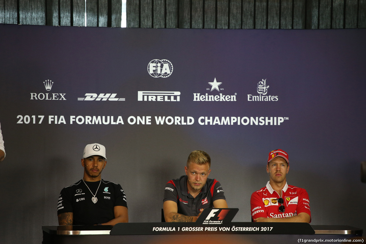 GP AUSTRIA, 06.07.2017- Giovedi' Press Conference, Lewis Hamilton (GBR) Mercedes AMG F1 W08 , Kevin Magnussen (DEN) Haas F1 Team VF-17 e Sebastian Vettel (GER) Ferrari SF70H