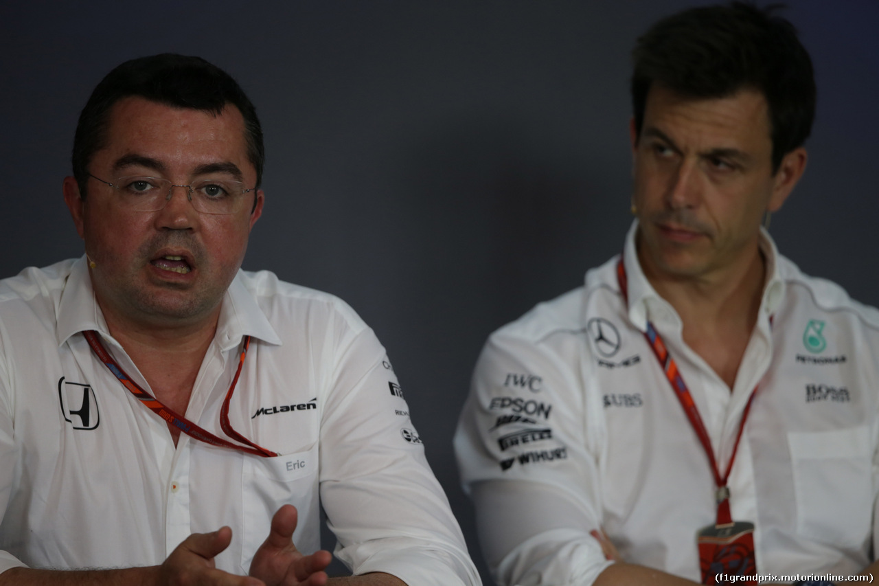 GP AUSTRIA, 07.07.2017- Venerdi' Press Conference, L to R Eric Boullier (FRA) McLaren Racing Director e Toto Wolff (AUT) Sporting Director Mercedes-Benz