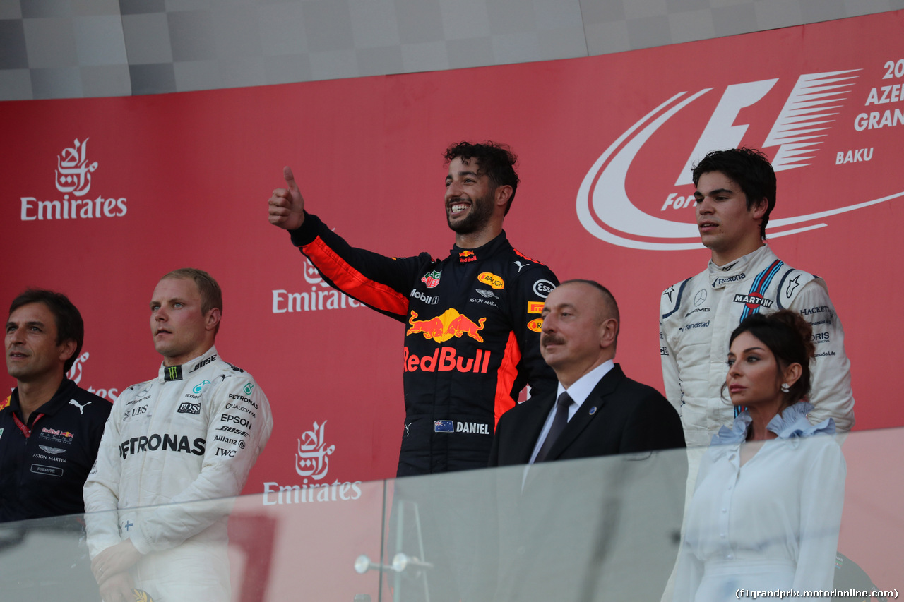 GP AZERBAIJAN, 25.06.2017 - Gara, 1st place Daniel Ricciardo (AUS) Red Bull Racing RB13, 2nd place Valtteri Bottas (FIN) Mercedes AMG F1 W08 e 3rd place Lance Stroll (CDN) Williams FW40