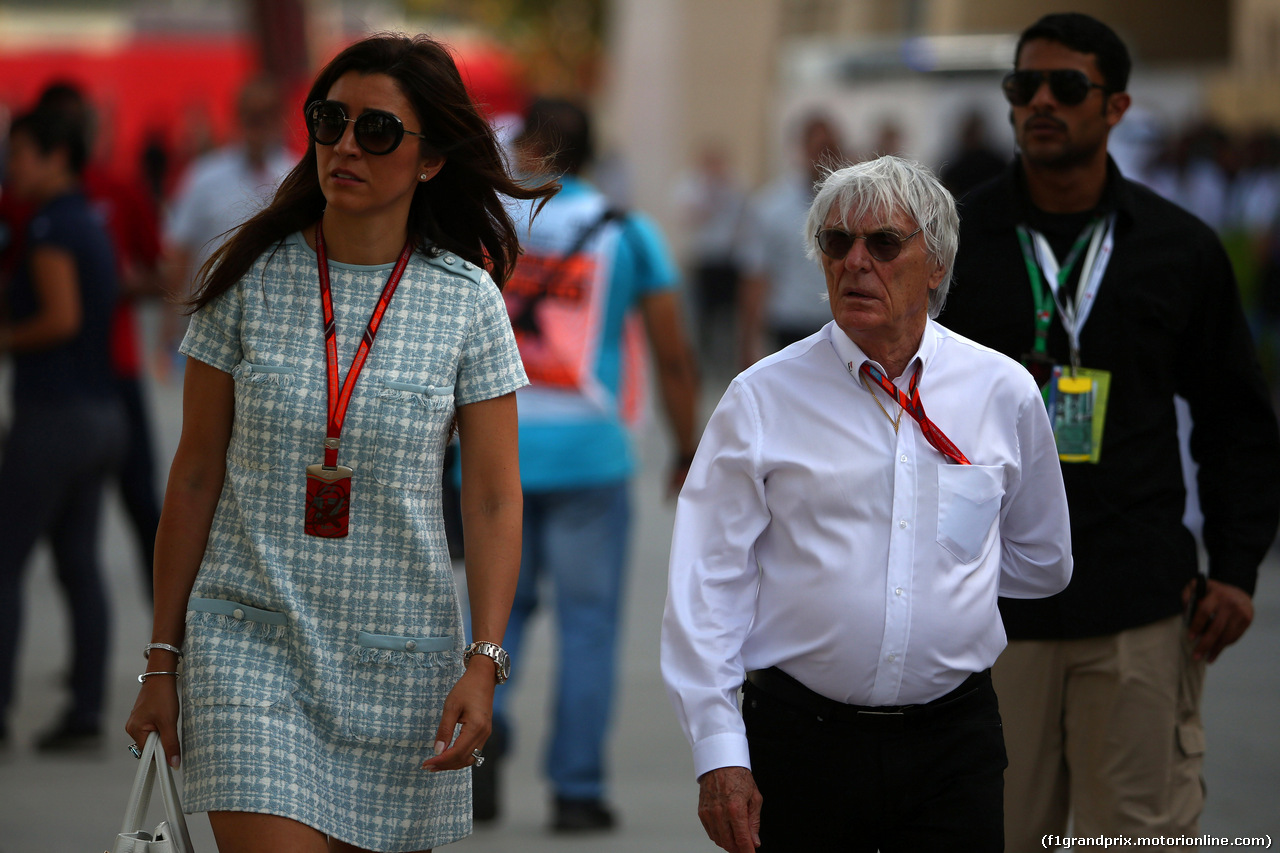 GP BAHRAIN, 16.04.2017 - Bernie Ecclestone (GBR), President e CEO of FOM e sua moglie Fabiana Flosi (BRA)