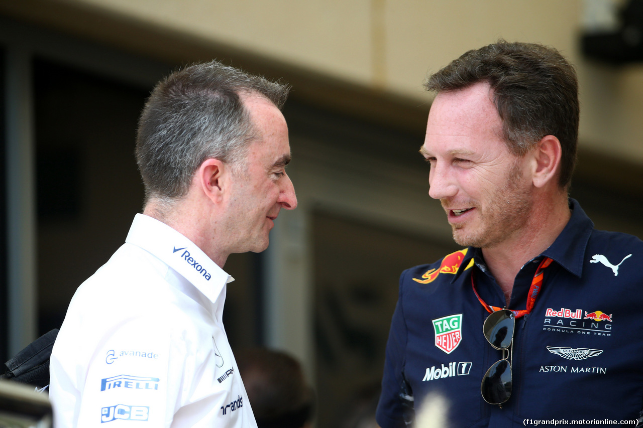 GP BAHRAIN, 15.04.2017 - Paddy Lowe (GBR), Williams chief technical officer e Christian Horner (GBR), Red Bull Racing, Sporting Director