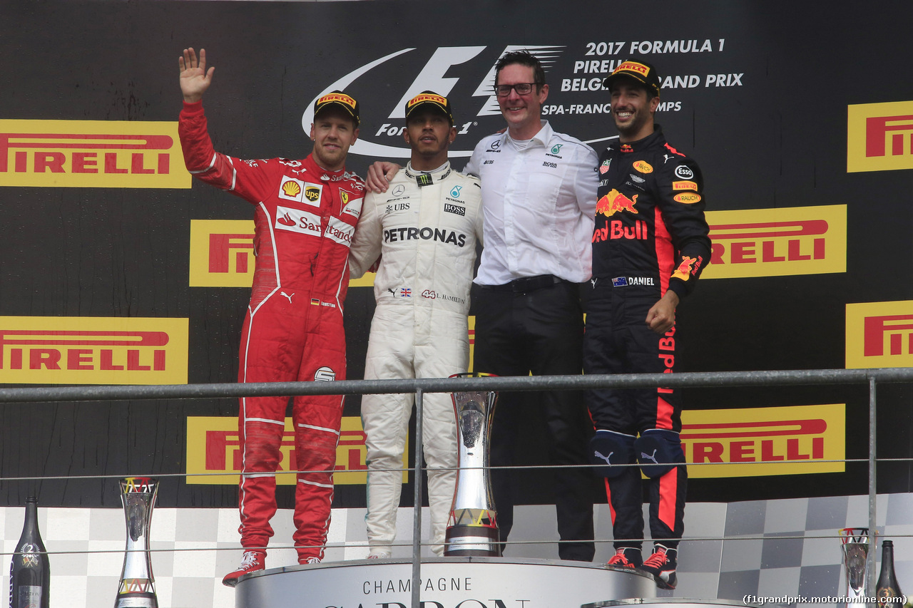 GP BELGIO, 27.08.2017 -  Gara, 2nd place Sebastian Vettel (GER) Ferrari SF70H, Lewis Hamilton (GBR) Mercedes AMG F1 W08 vincitore e 3rd place Daniel Ricciardo (AUS) Red Bull Racing RB13