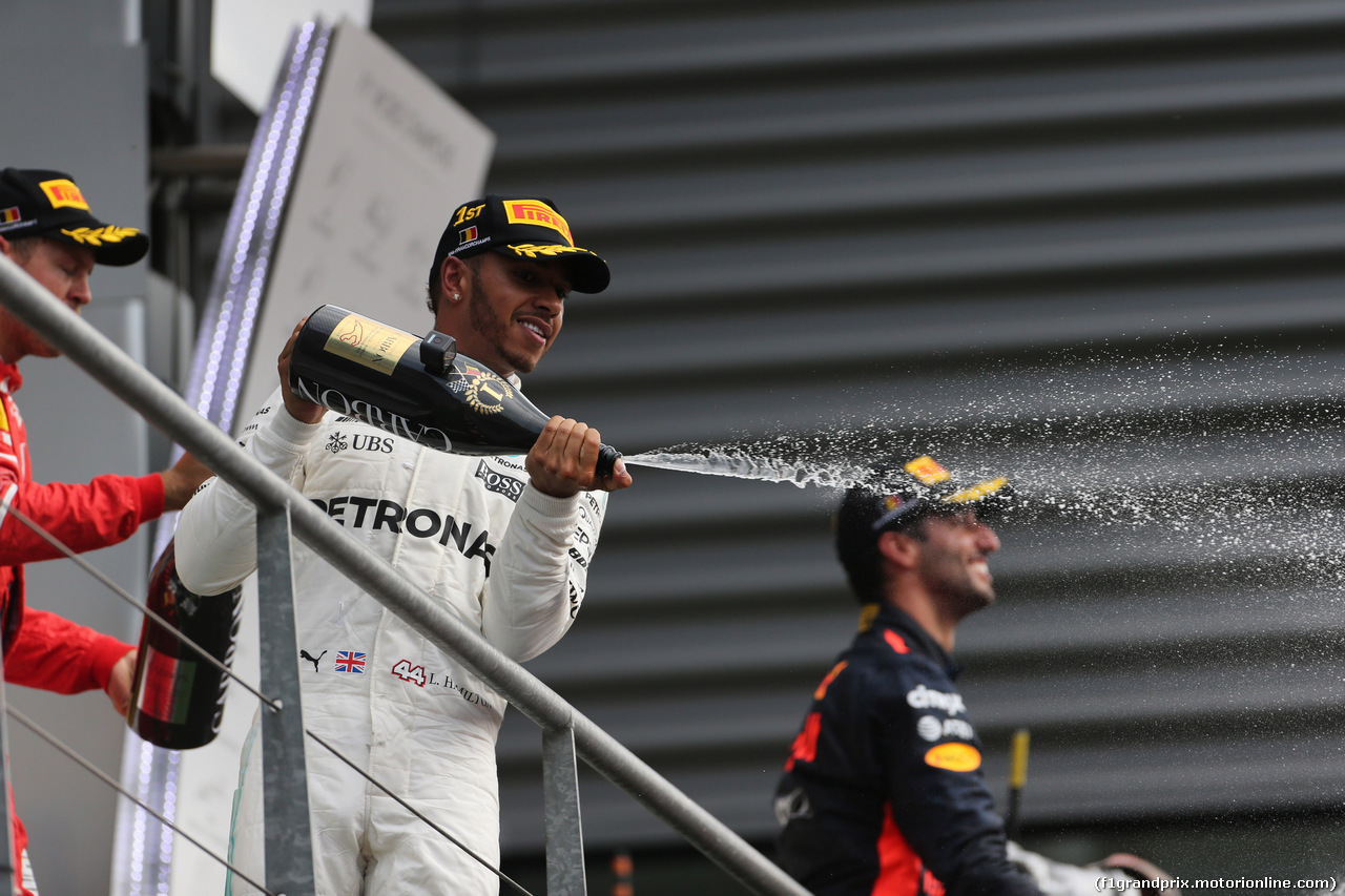 GP BELGIO, 27.08.2017 -  Gara, 1st place Lewis Hamilton (GBR) Mercedes AMG F1 W08, 2nd place Sebastian Vettel (GER) Ferrari SF70H e 3rd place Daniel Ricciardo (AUS) Red Bull Racing RB13