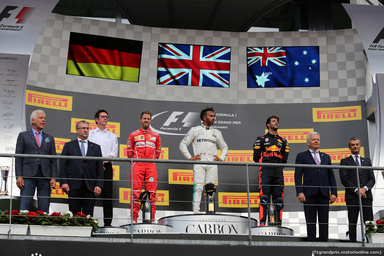 GP BELGIO, 27.08.2017 -  Gara, 1st place Lewis Hamilton (GBR) Mercedes AMG F1 W08, 2nd place Sebastian Vettel (GER) Ferrari SF70H e 3rd place Daniel Ricciardo (AUS) Red Bull Racing RB13