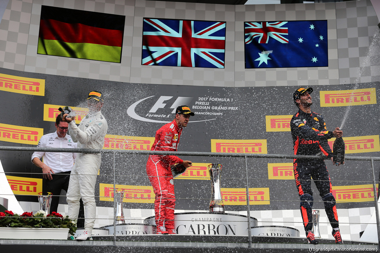 GP BELGIO, 27.08.2017 -  Gara, 1st place Lewis Hamilton (GBR) Mercedes AMG F1 W08, 2nd place Sebastian Vettel (GER) Ferrari SF70H e 3rd place Daniel Ricciardo (AUS) Red Bull Racing RB13