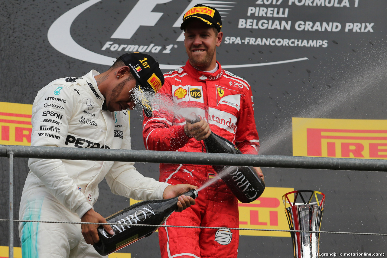 GP BELGIO, 27.08.2017 -  Gara, Lewis Hamilton (GBR) Mercedes AMG F1 W08 vincitore e 2nd place Sebastian Vettel (GER) Ferrari SF70H