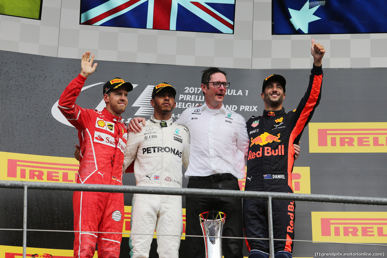 GP BELGIO, 27.08.2017 -  Gara, 1st place Lewis Hamilton (GBR) Mercedes AMG F1 W08, 2nd place Sebastian Vettel (GER) Ferrari SF70H e 3rd place Daniel Ricciardo (AUS) Red Bull Racing RB13
