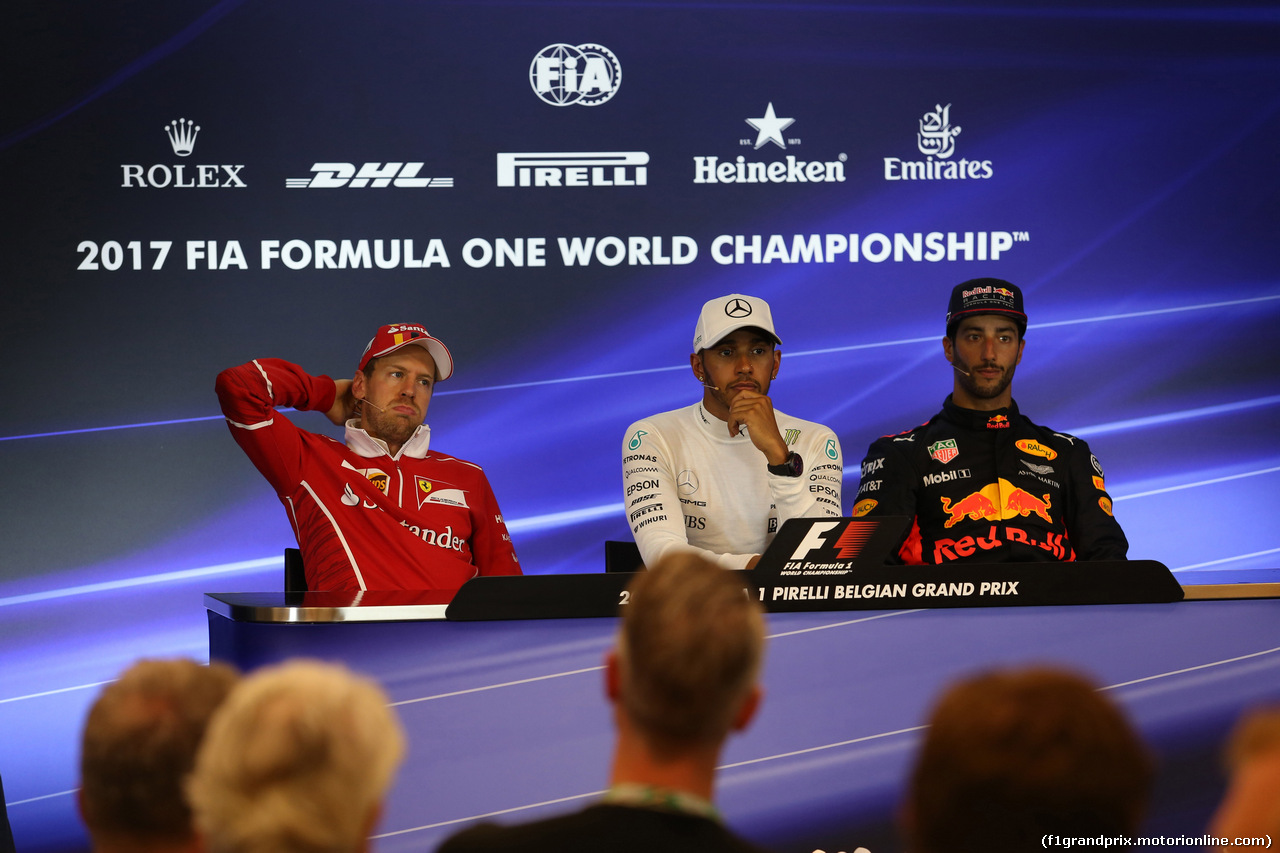 GP BELGIO, 27.08.2017 -  Gara, Conferenza Stampa, Sebastian Vettel (GER) Ferrari SF70H, Lewis Hamilton (GBR) Mercedes AMG F1 W08 e Daniel Ricciardo (AUS) Red Bull Racing RB13
