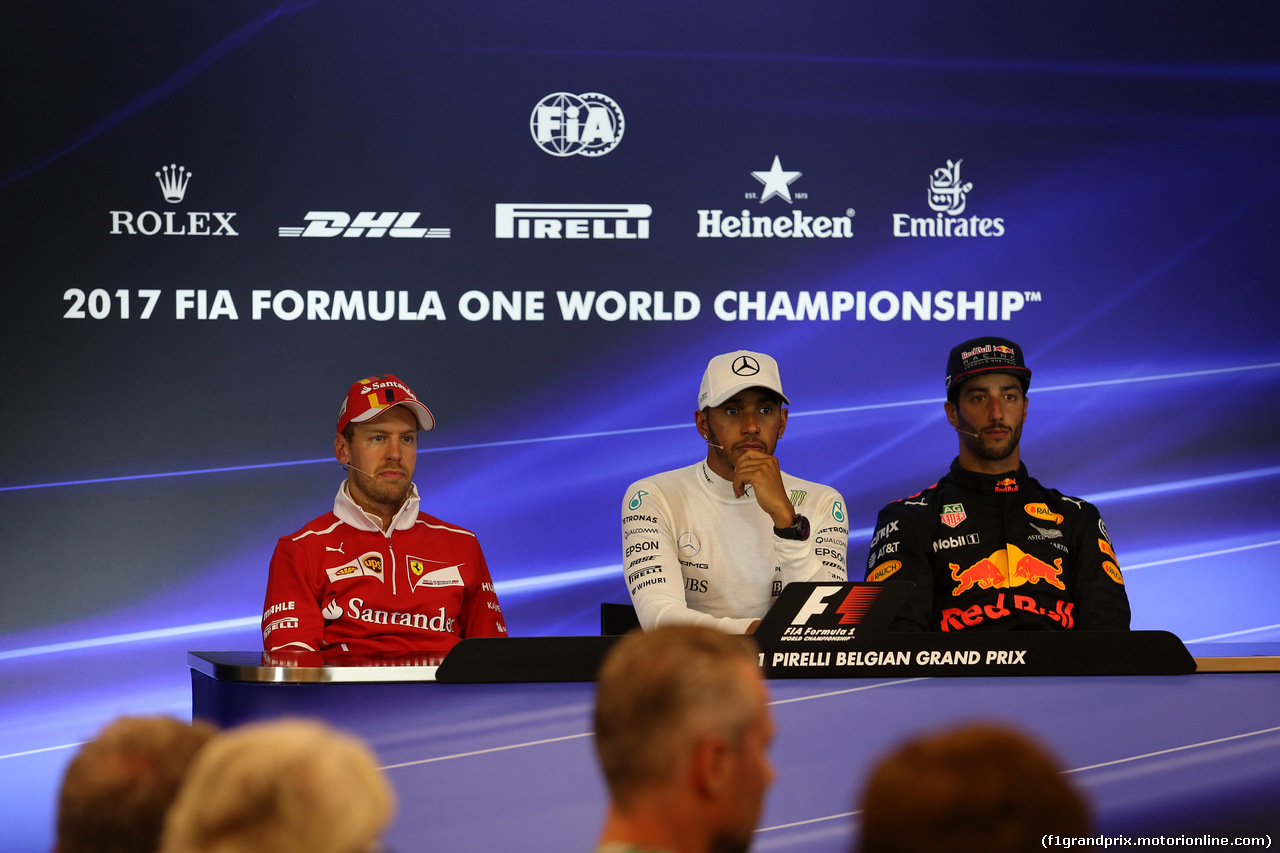 GP BELGIO, 27.08.2017 -  Gara, Conferenza Stampa, Sebastian Vettel (GER) Ferrari SF70H, Lewis Hamilton (GBR) Mercedes AMG F1 W08 e Daniel Ricciardo (AUS) Red Bull Racing RB13