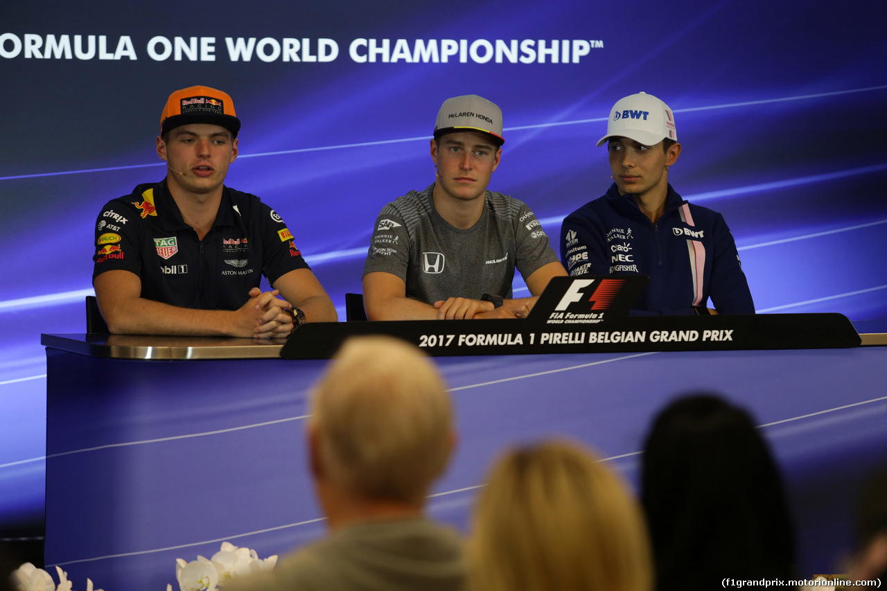 GP BELGIO, 24.08.2017 - Conferenza Stampa, Max Verstappen (NED) Red Bull Racing RB13, Stoffel Vandoorne (BEL) McLaren MCL32 e Esteban Ocon (FRA) Sahara Force India F1 VJM10