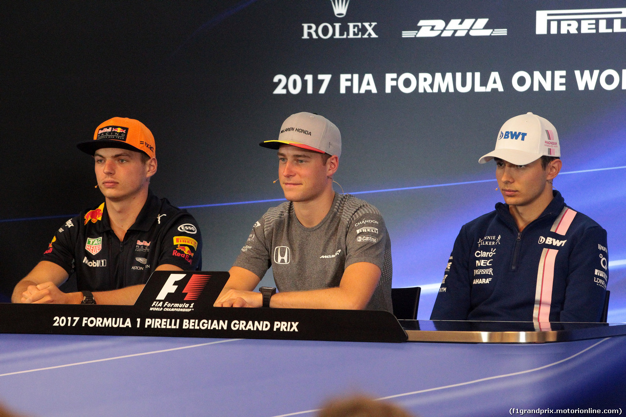 GP BELGIO, 24.08.2017 - Conferenza Stampa, Max Verstappen (NED) Red Bull Racing RB13, Stoffel Vandoorne (BEL) McLaren MCL32 e Esteban Ocon (FRA) Sahara Force India F1 VJM10