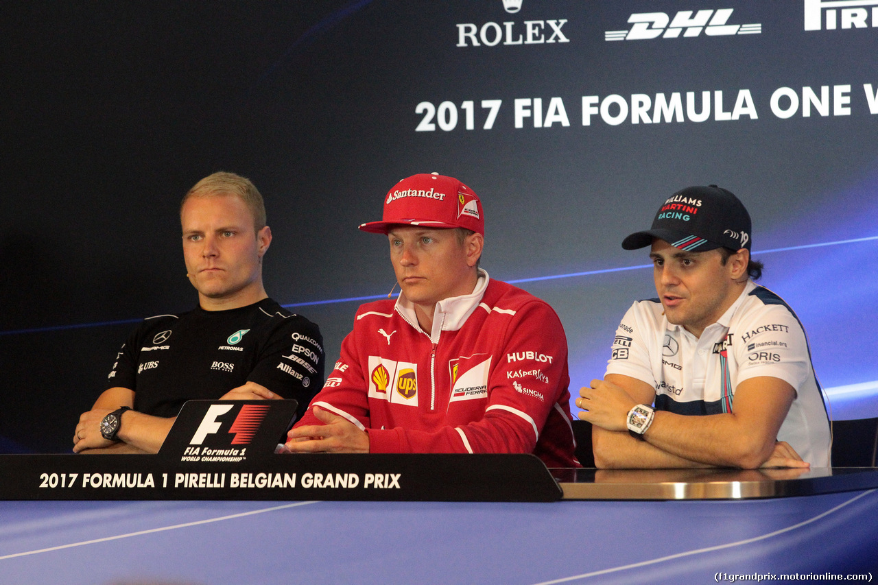 GP BELGIO, 24.08.2017 - Conferenza Stampa, Valtteri Bottas (FIN) Mercedes AMG F1 W08, Kimi Raikkonen (FIN) Ferrari SF70H e Felipe Massa (BRA) Williams FW40