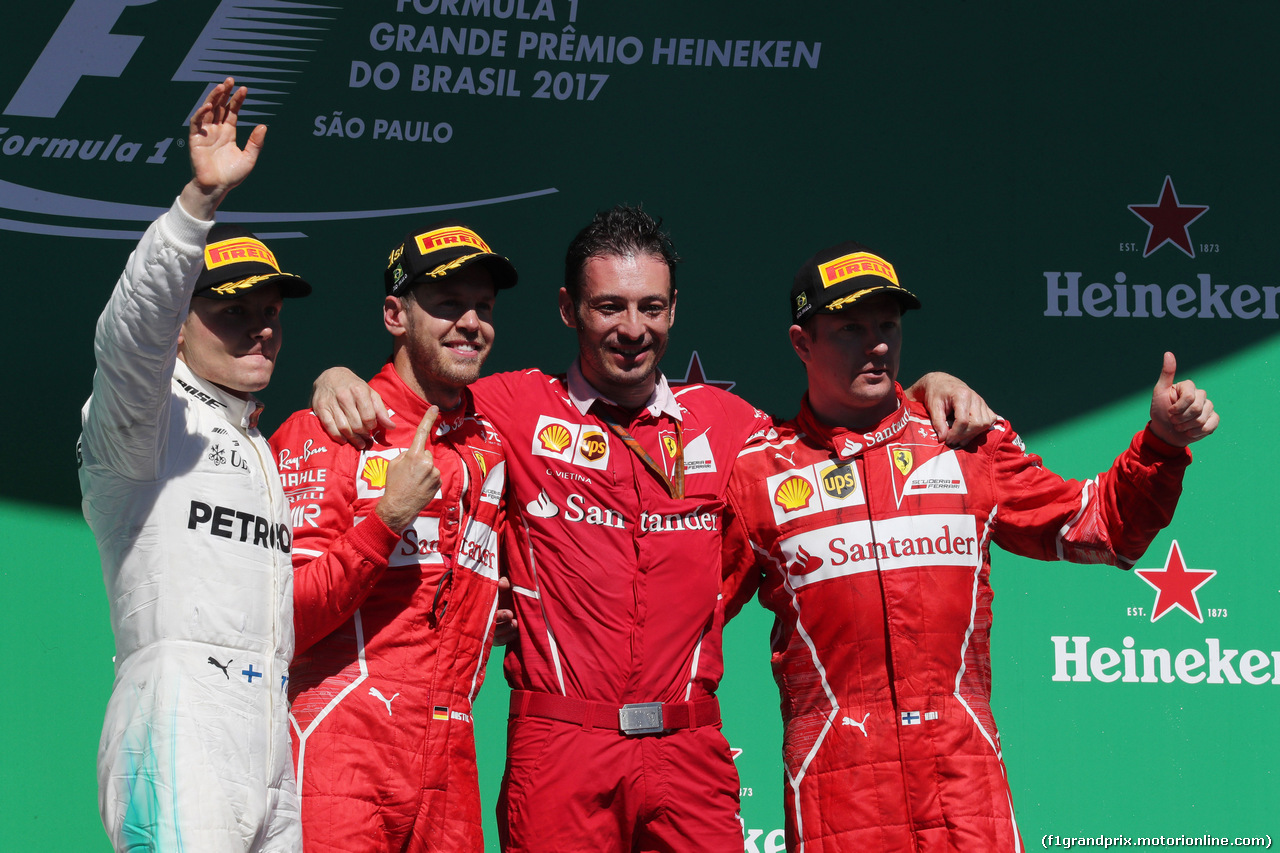 GP BRASILE, 12.11.2017 - Gara, 1st place Sebastian Vettel (GER) Ferrari SF70H, 2nd place Valtteri Bottas (FIN) Mercedes AMG F1 W08 e 3rd place Kimi Raikkonen (FIN) Ferrari SF70H