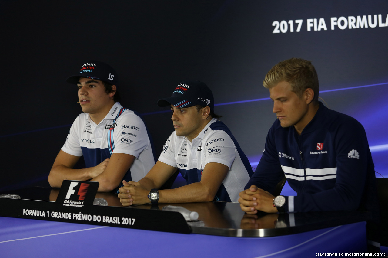 GP BRASILE, 09.11.2017 - Conferenza Stampa, Lance Stroll (CDN) Williams FW40, Felipe Massa (BRA) Williams FW40 e Marcus Ericsson (SUE) Sauber C36
