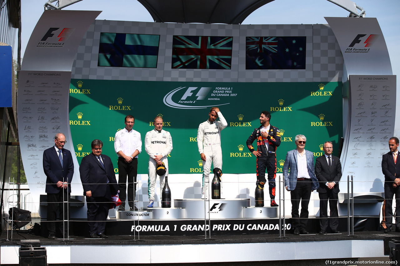 GP CANADA, 11.06.2017- Podium, Winner Lewis Hamilton (GBR) Mercedes AMG F1 W08 , 2nd Valtteri Bottas (FIN) Mercedes AMG F1 W08, 3rd Daniel Ricciardo (AUS) Red Bull Racing RB13