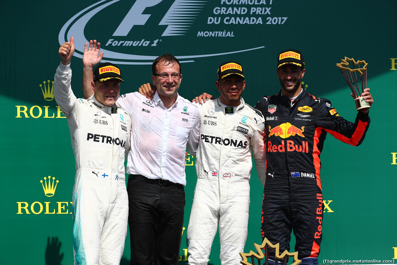 GP CANADA, 11.06.2017- Podium, 11.06.2017- Podium, Winner Lewis Hamilton (GBR) Mercedes AMG F1 W08 , 2nd Valtteri Bottas (FIN) Mercedes AMG F1 W08, 3rd Daniel Ricciardo (AUS) Red Bull Racing RB13 with the Mercedes Team Representative