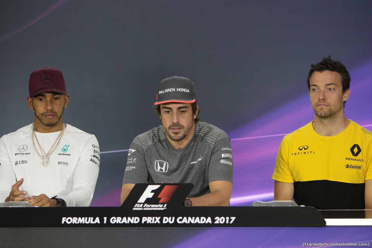 GP CANADA, 08.06.2017- Giovedi'  Press Conference, L to R Lewis Hamilton (GBR) Mercedes AMG F1 W08 , Fernando Alonso (ESP) McLaren Honda MCL32, Jolyon Palmer (GBR) Renault Sport F1 Team RS17