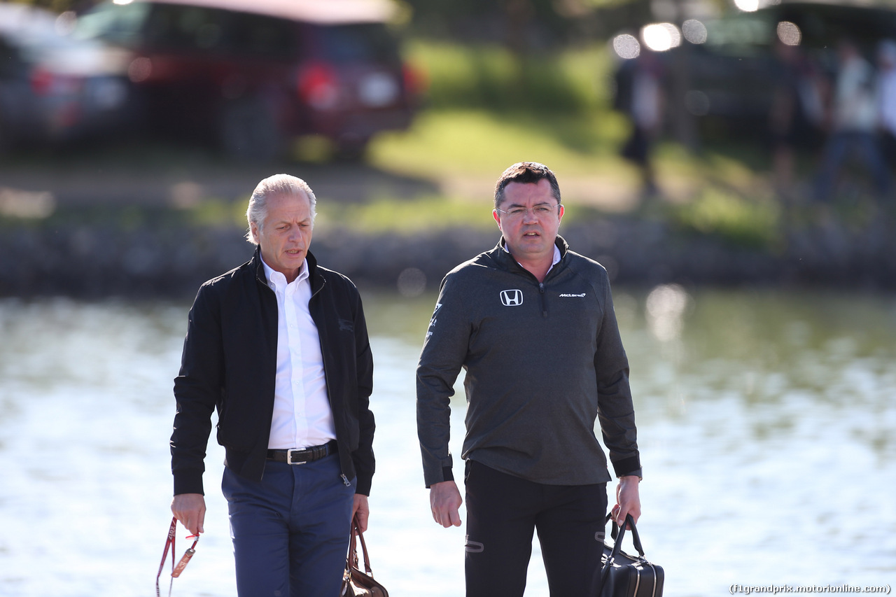 GP CANADA, 10.06.2017- Mansour Ojjeh (SUI), McLaren shareholder with Eric Boullier (FRA) McLaren Racing Director