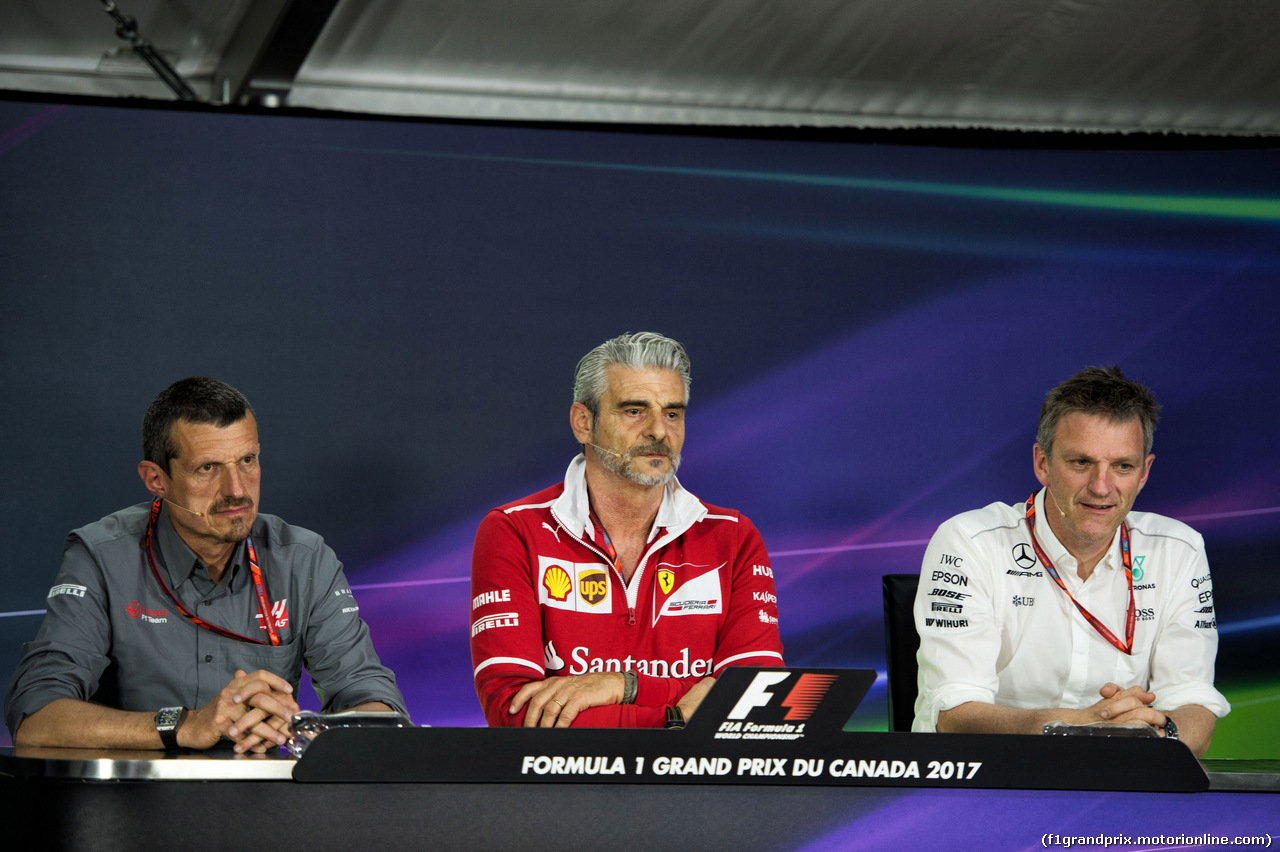 GP CANADA, 09.06.2017- Venerdi' Press Conference, L to R Guenther Steiner (ITA) Haas F1 Team Prinicipal Maurizio Arrivabene (ITA) Ferrari Team Principal e James Allison (GBR) Mercedes AMG F1, Technical Director