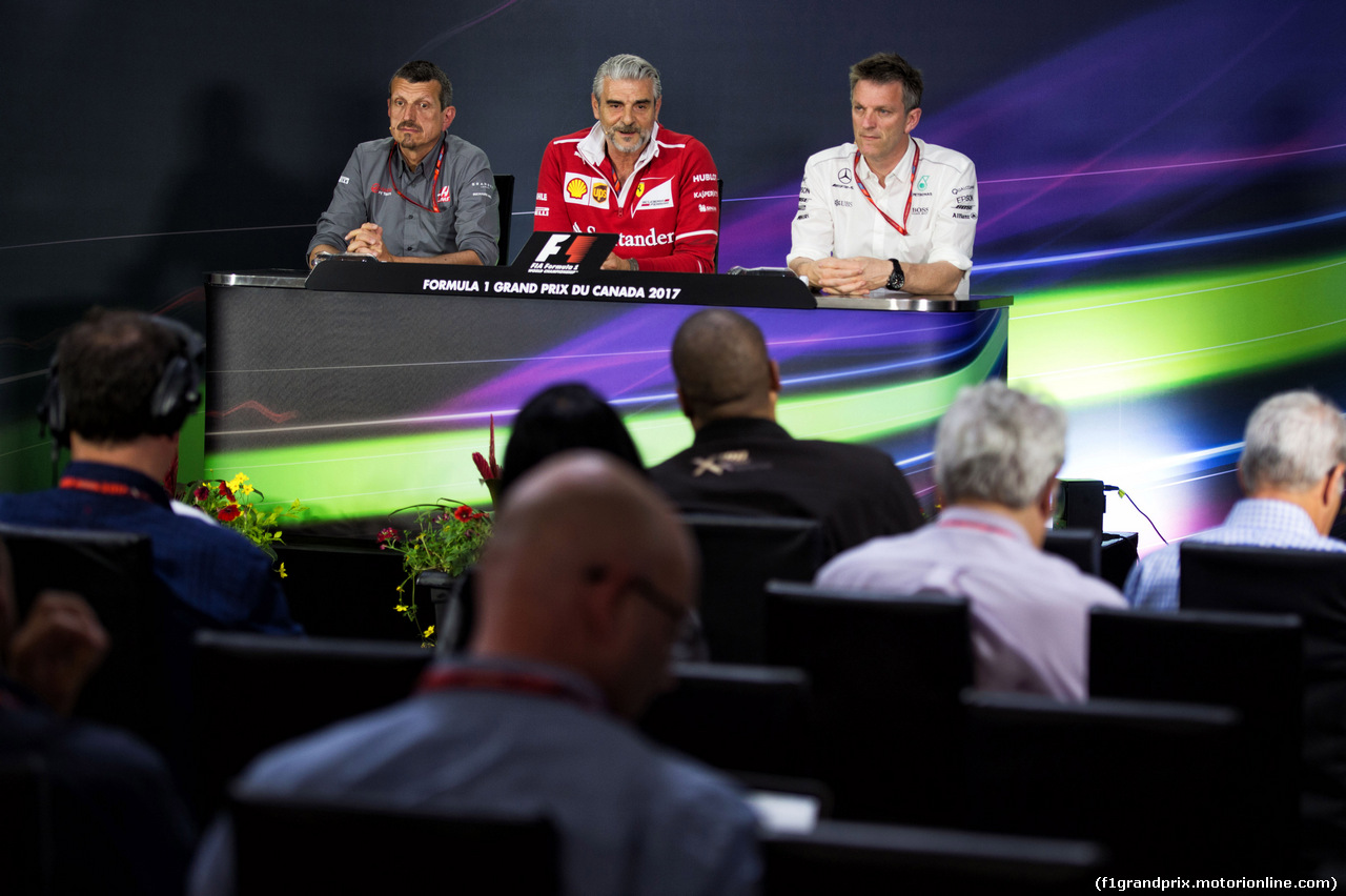 GP CANADA, 09.06.2017- Venerdi' Press Conference, L to R Guenther Steiner (ITA) Haas F1 Team Prinicipal Maurizio Arrivabene (ITA) Ferrari Team Principal e James Allison (GBR) Mercedes AMG F1, Technical Director