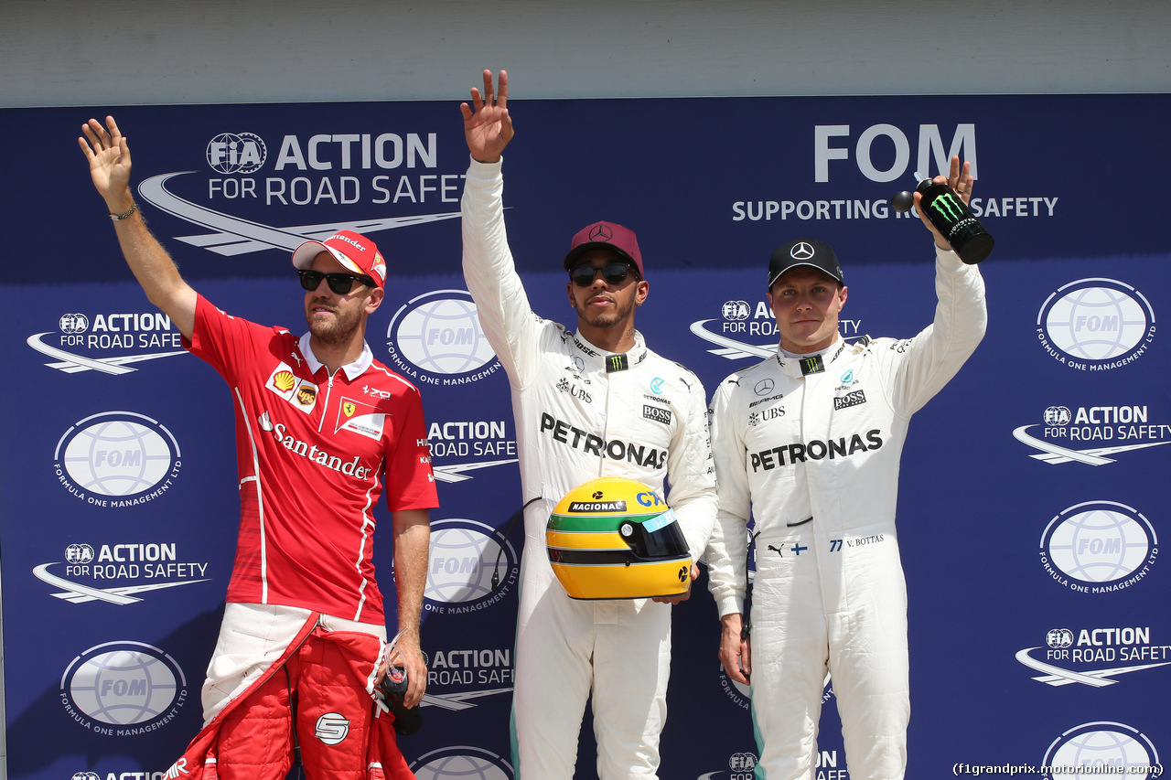 GP CANADA, 10.06.2017- Pole Position: pole Festeggiamenti Lewis Hamilton (GBR) Mercedes AMG F1 W08, 2nd Sebastian Vettel (GER) Ferrari SF70H, 3rd Valtteri Bottas (FIN) Mercedes AMG F1 W08