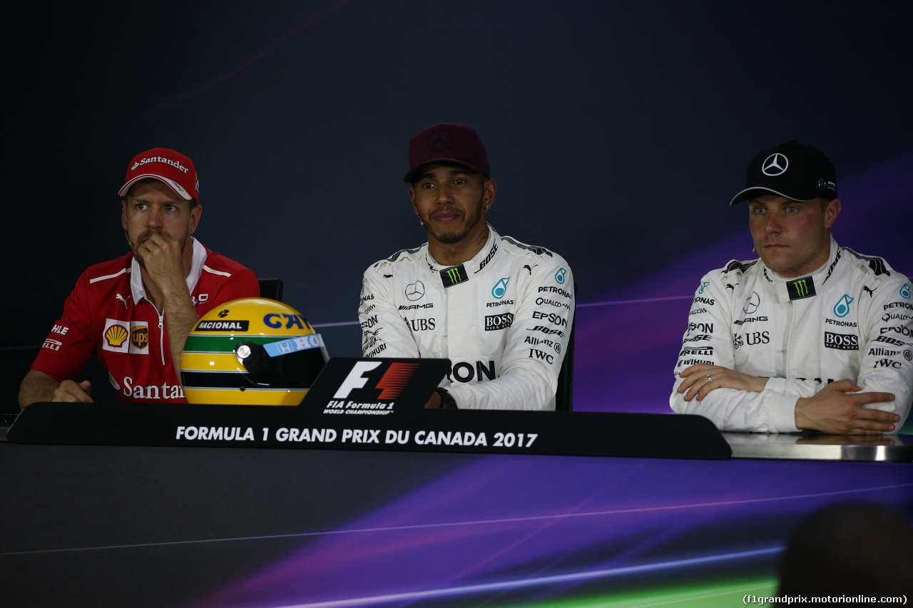 GP CANADA, 10.06.2017- After Qualifiche Press Conference, Lewis Hamilton (GBR) Mercedes AMG F1 W08, Sebastian Vettel (GER) Ferrari SF70H e Valtteri Bottas (FIN) Mercedes AMG F1 W08