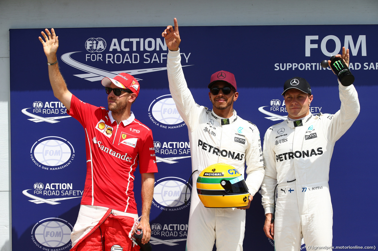 GP CANADA, 10.06.2017- Qualifiche  celebration Pole Position Lewis Hamilton (GBR) Mercedes AMG F1 W08 , 2nd Sebastian Vettel (GER) Ferrari SF70H, 3rd Valtteri Bottas (FIN) Mercedes AMG F1 W08